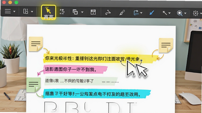 ����PDFע�͹���ʾ��ͼ��չʾPDF�ĵ�ҳ���жദ��ɫ�����ı��ͱ�ǩͼ�꣬���ָ����ͣ��һ����ɫ�����ϣ�����������ͻ����ʾ����������ť������������ɫ���������칫���滷��