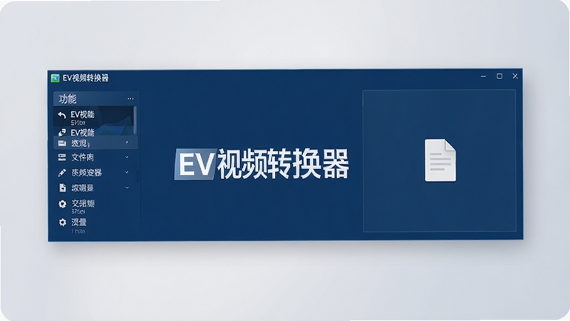 一张EV视频转换器软件的主界面预览图,画面中心是简洁的深蓝色工具栏,左侧为功能列表,右侧为文件拖拽区域,背景采用柔和的浅灰渐变,整体风格现代且清爽,突出软件的专业性与易用性,画面中清晰可见“EV视频转换器”字样。