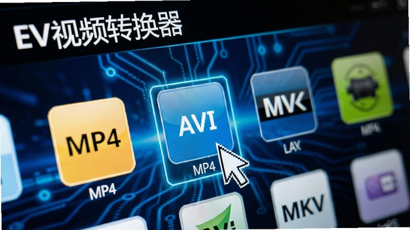 EV视频转换器格式选择界面特写,屏幕上排列着MP4、AVI、MKV等格式图标,鼠标指针悬停在MP4选项上,背景为淡蓝色科技感光效,画面清晰展示软件名称“EV视频转换器”。