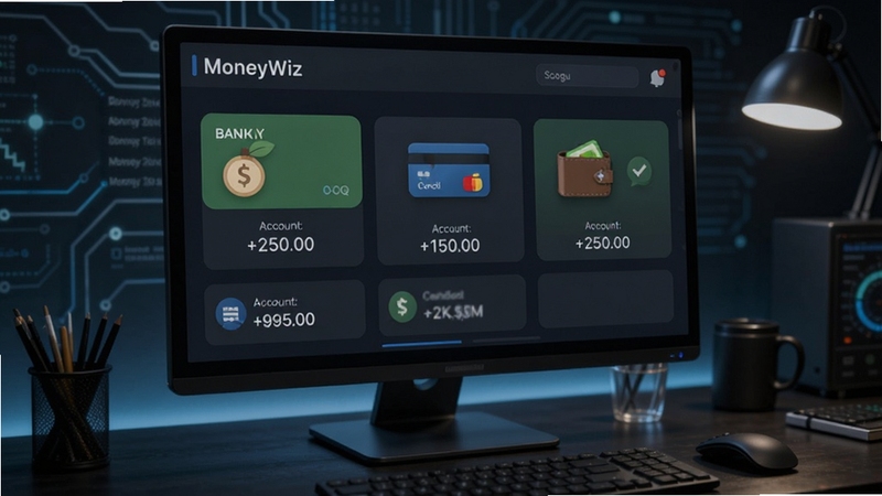 MoneyWiz���˻��������棬��Ļ����ʾ�����˻������ÿ����ֽ�Ǯ��ͼ���������룬ÿ���˻��·���ʾʵʱ������֣�����Ϊ��ɫ�Ƽ��а칫���棬ϸ������������Booguģ������
