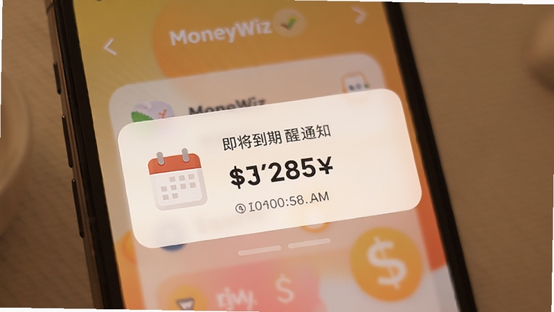 MoneyWiz�˵�����֪ͨ���棬�ֻ���Ļ�ϵ����������ڵ��˵����ѿ�Ƭ����Ƭ��������ͼ��ͽ�����֣�����Ϊ���ůɫ��������Booguģ������