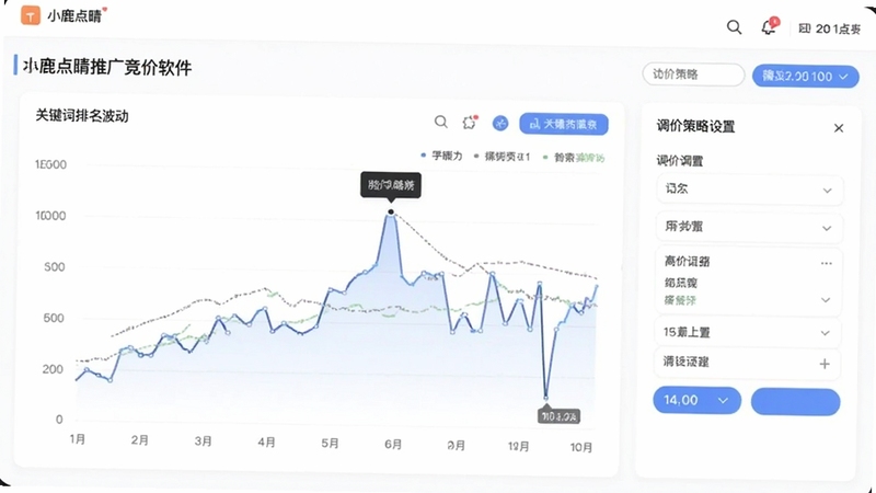 小鹿点睛推广竞价软件实时出价监控面板,折线图展示关键词排名波动,旁边有调价策略设置窗口,界面风格现代简约