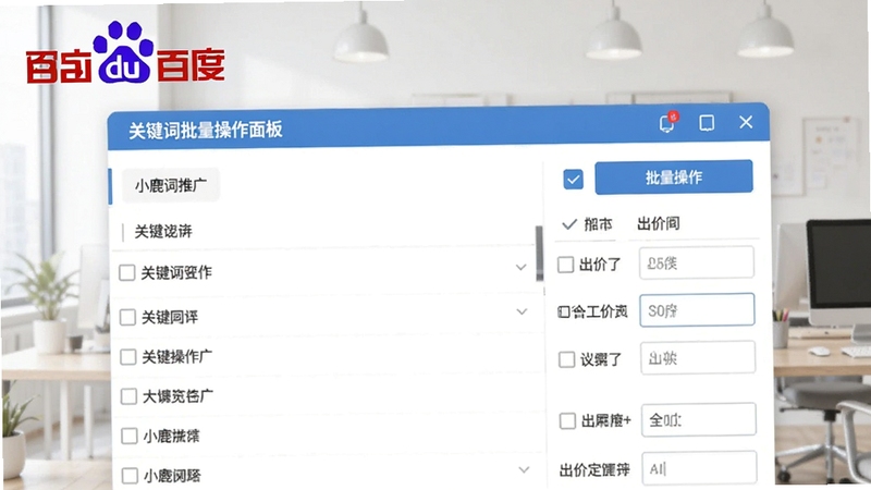 关键词批量操作面板,画面展示关键词列表和批量操作按钮,界面中有勾选框和出价输入框,小鹿百度推广竞价软件标识位于左上角,背景为浅色办公环境,适合作为功能展示图
