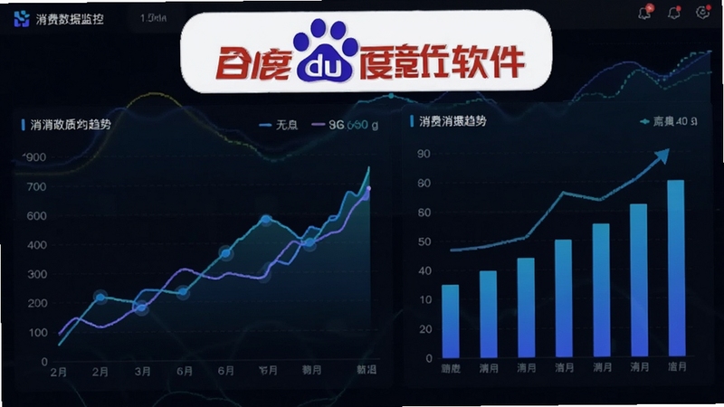 消费数据监控图表界面,画面中有折线图和柱状图展示消费趋势,小鹿百度推广竞价软件名称显示在图表上方,背景为深色数据大屏风格,突出数据可视化效果