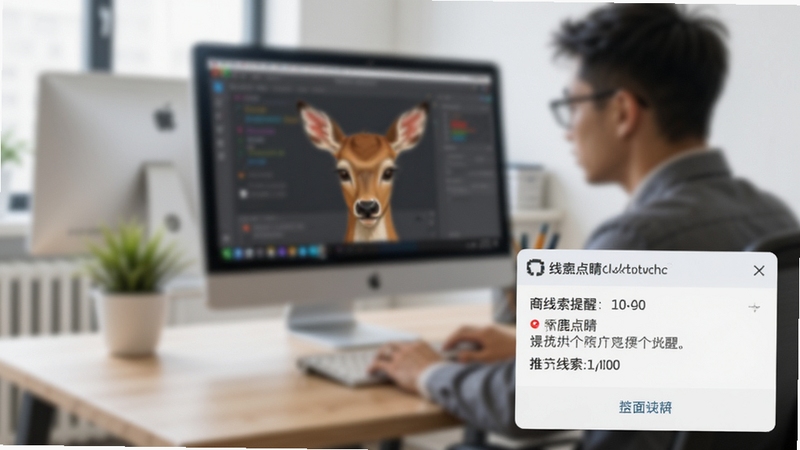 小鹿点睛推广竞价软件商机线索提醒弹窗,电脑右下角弹出通知窗口,显示新线索摘要与时间戳,背景是模糊的办公场景