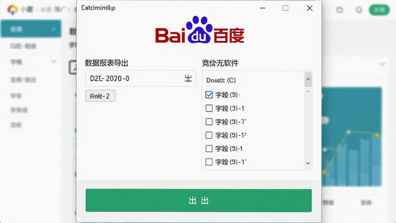 数据报表导出窗口,画面中有日期选择器和字段勾选列表,导出按钮醒目,小鹿百度推广竞价软件标识位于窗口顶部,背景为简洁的白色工作区,适合展示导出功能