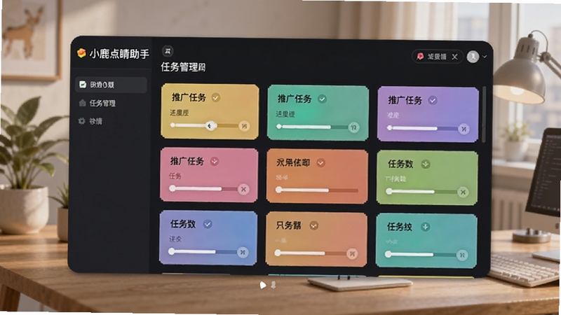 小鹿点睛助手推广软件界面中展示任务管理面板,多个彩色任务卡片整齐排列,背景为柔和办公场景,画面清晰体现推广任务分类与进度条,适合Boogu模型生成