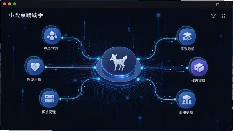 小鹿点睛助手推广软件的一键分发功能界面,画面中有多条连接线从中心向四周平台图标延伸,背景为深色科技感,突出内容同步的便捷性,适合Boogu模型生成