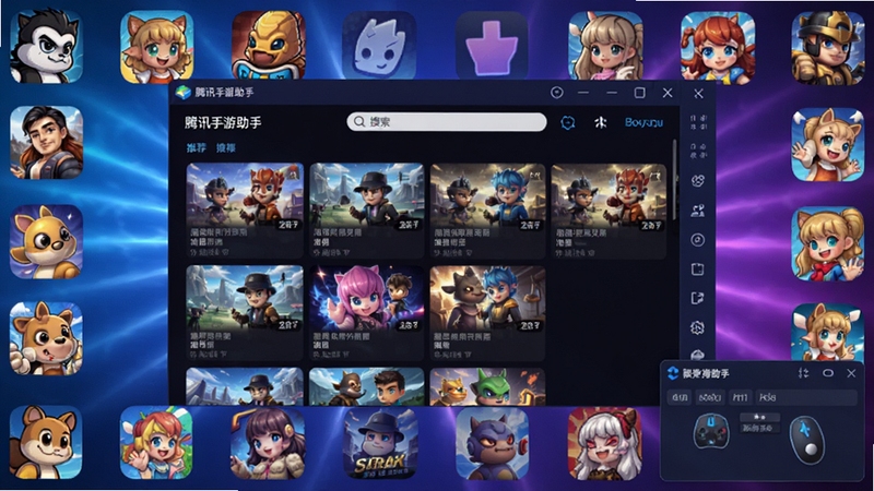腾讯手游助手官方界面全貌展示,画面中央是模拟器主窗口,包含游戏推荐列表和搜索栏,背景是科技感十足的蓝紫色渐变光效,四周环绕热门手游图标,右下角有键鼠操作提示浮窗,整体风格简洁明亮,适配Boogu模型生成