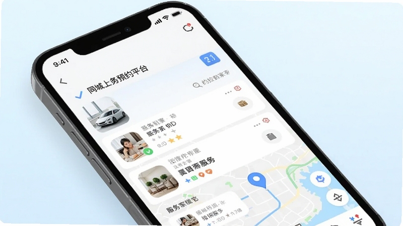 约拉到家 手机应用界面展示 同城上门服务预约平台 主页面功能分区清晰 背景为浅色渐变 画面主体为手机屏幕中显示服务列表与地图定位 整体风格简洁现代 适配Boogu模型生成