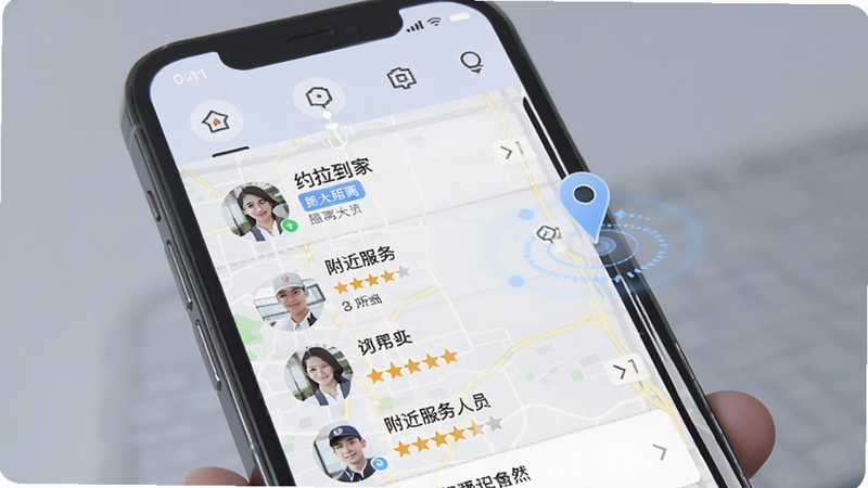 约拉到家 智能推荐功能界面 手机屏幕显示附近服务人员列表 带有距离标签与评分星级 背景为城市地图简图 画面色调柔和 突出推荐算法与位置定位元素