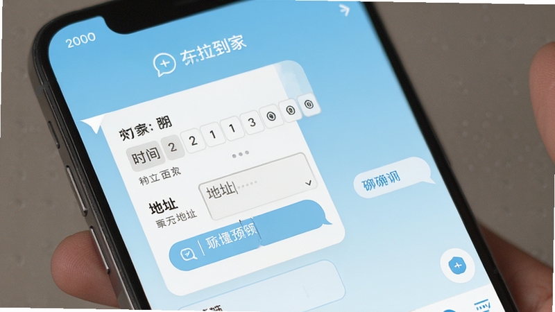 约拉到家 在线预约聊天界面 手机屏幕展示预约表单与对话窗口 包含时间选择器与地址输入框 背景为淡蓝色渐变 突出实时沟通与订单确认场景