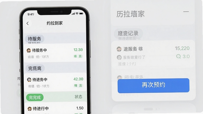 约拉到家 订单管理页面 手机屏幕显示订单列表与状态标签 包含待服务进行中已完成分类 背景为浅灰色 突出历史记录与再次预约按钮