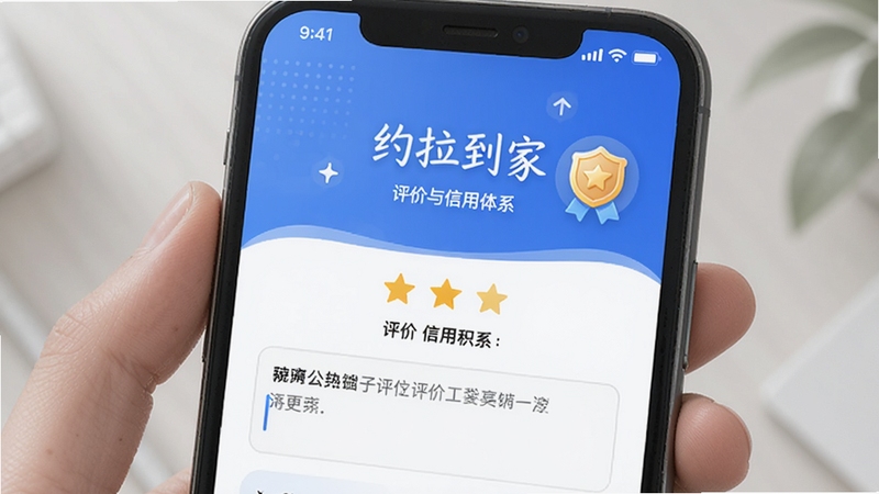 约拉到家 评价与信用体系界面 手机屏幕展示星级评分与文字评价输入框 背景带有信用积分图标 画面风格清新 突出用户反馈与信用积累概念
