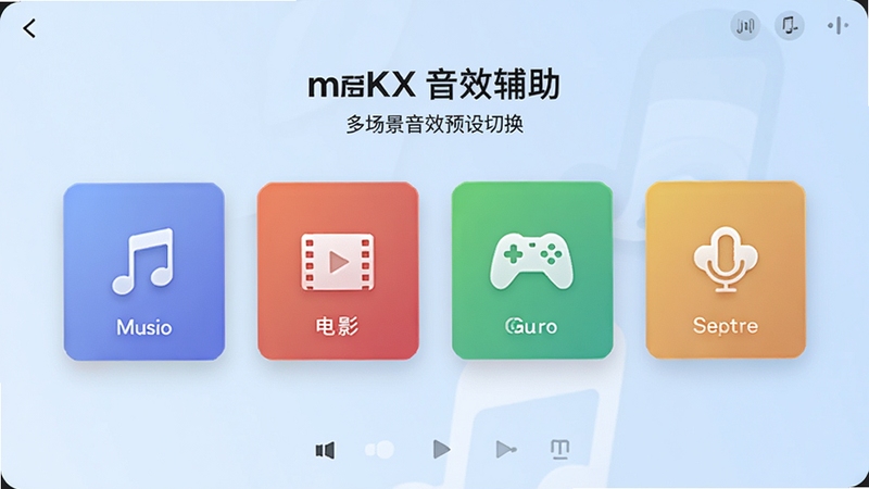 ���KX��Ч�����ೡ����ЧԤ���л����棬������չʾ���֡���Ӱ����Ϸ�������ĸ���ɫ��ǩ��Ƭ�������У�ÿ�ſ�Ƭ���ж�Ӧ����ͼ�꣬����Ϊ��͵�ǳ��ɫ���䣬����ɾ���ˬ���ʺ�չʾ��������