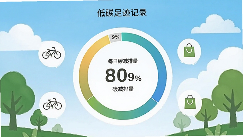 简约生活软件中的低碳足迹记录页面,画面中央为环形数据图表,显示每日碳减排量,背景区域为蓝天白云与绿树剪影,图表旁有简约的生活场景小图标,如自行车、购物袋
