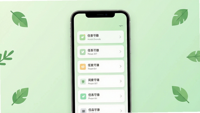 简约生活软件主界面全貌展示,画面中央为整洁的极简风格任务卡片列表,背景区域为柔和的浅绿色渐变,四周点缀几片简约的绿叶图标,整体视觉清爽干净,突出简约生活核心概念