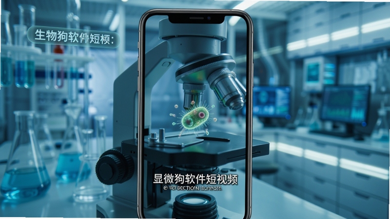 生物狗软件短视频科普页面,手机竖屏显示一段关于显微镜下微生物运动的视频画面,画面中有字幕标注和知识点标签,背景为实验室环境,整体色调偏冷色科技感