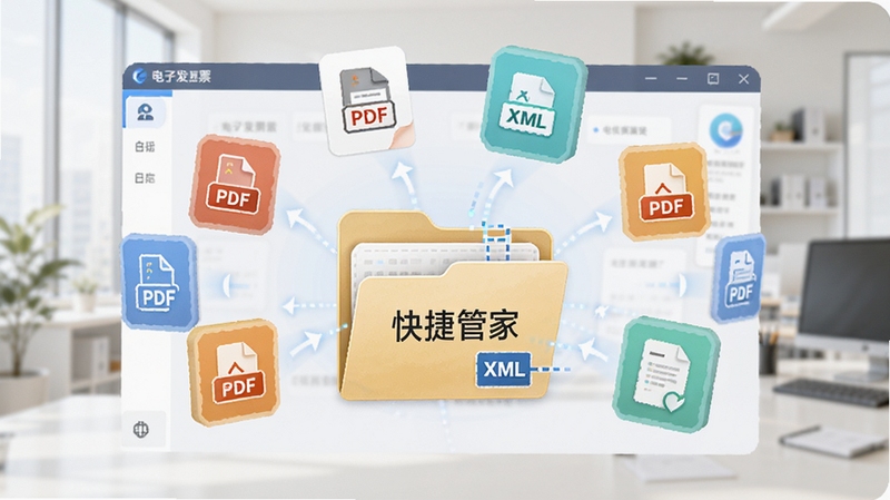 画面主体为电子发票快捷管家软件界面中多个发票源图标向中心文件夹汇聚的示意图,背景为浅色办公环境,文件夹上标注电子发票快捷管家字样,细节包含PDF图标与XML数据流,风格简洁明快