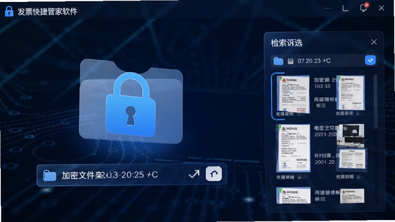 电子发票快捷管家软件界面中展示加密文件夹与检索筛选面板,画面背景为深蓝色科技纹理,主体包含锁形图标与日期筛选条,细节有发票缩略图列表,风格为现代安全存储概念图