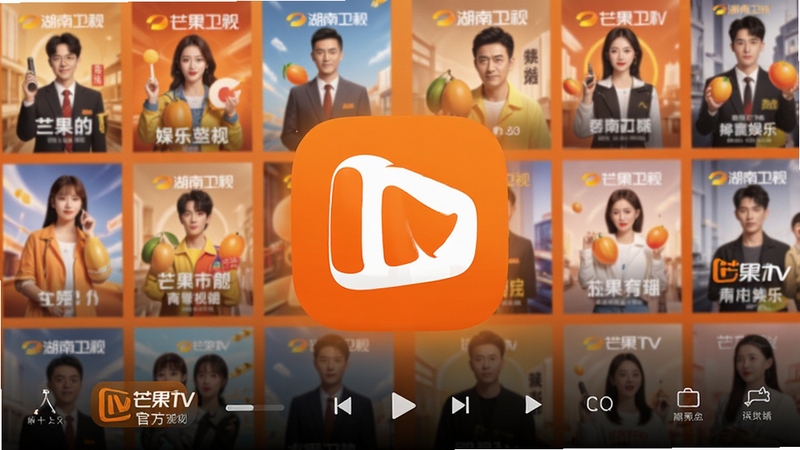 芒果TV官方应用界面全景展示,画面中央为芒果TV标志性橙色图标与播放界面,背景为湖南卫视热门综艺节目海报墙,整体色调明亮温暖,突出视频娱乐氛围,高清画质,细节丰富