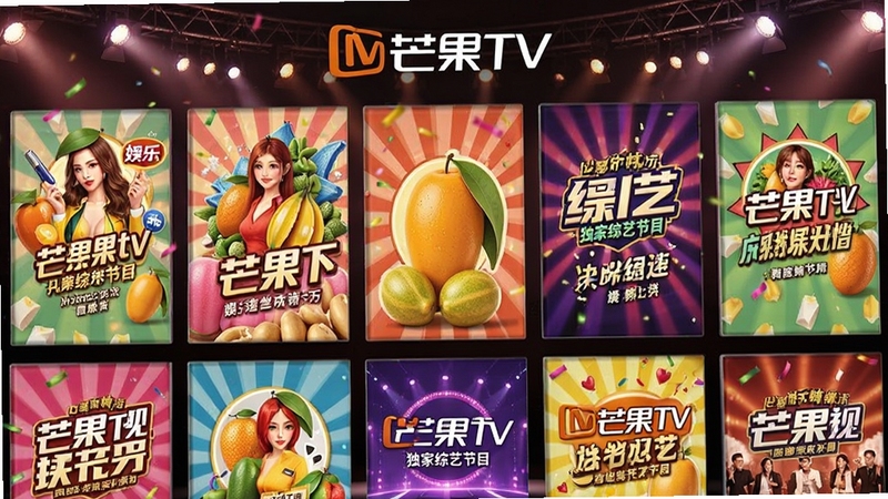 芒果TV独家综艺节目海报墙,画面中展示多档热门综艺的封面海报,色彩鲜艳,排列整齐,背景为舞台灯光效果,突出芒果TV品牌标识,高清渲染,娱乐氛围浓厚