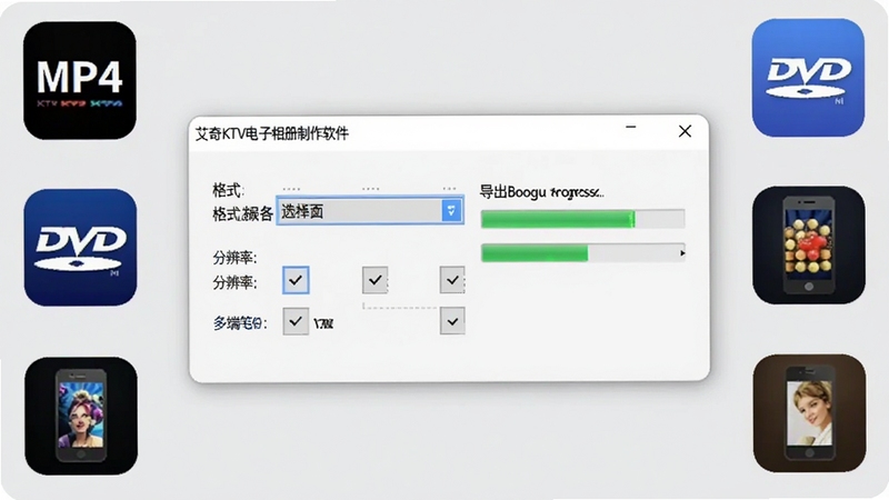 艾奇KTV电子相册制作软件导出设置窗口,画面中央为格式选择下拉菜单与分辨率选项,右侧显示导出进度条,背景为简洁的白色对话框风格,屏幕周围环绕MP4、DVD、手机图标,突出多端分享概念,适配Boogu模型生成。