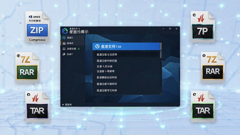 星速压缩多格式兼容功能展示,画面中多个不同格式的压缩包图标围绕软件界面排列,包括ZIP、7Z、RAR、TAR等,软件界面中央显示格式支持列表,背景为科技感浅色网格,整体突出星速压缩的全面兼容能力
