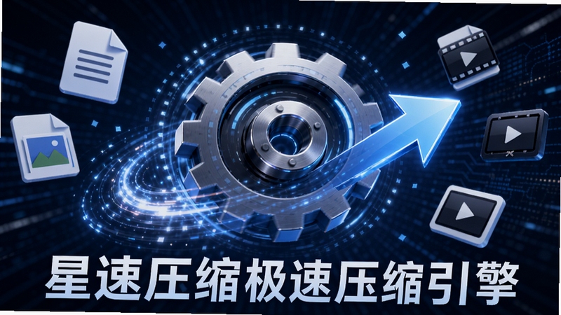 星速压缩极速压缩引擎概念图,画面中央为高速旋转的数据齿轮与压缩箭头,周围环绕文档、图片、视频等文件图标,背景为深蓝色科技光效,突出星速压缩软件名称与极速处理主题,画面动感十足