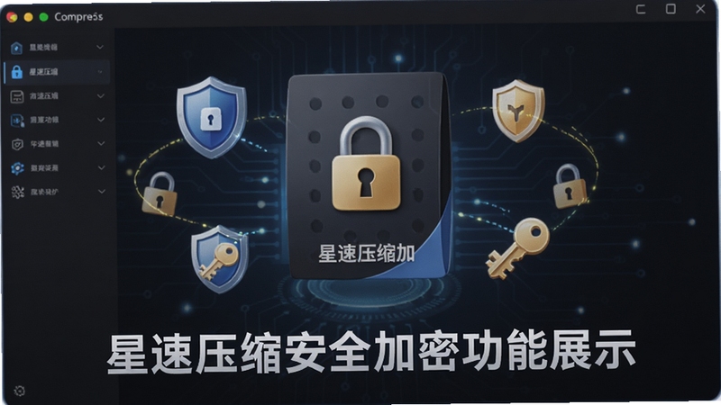 星速压缩安全加密功能展示,画面中一个带有锁形标志的压缩包悬浮在软件界面上方,周围有盾牌与密钥图标环绕,背景为深灰色安全科技风格,突出星速压缩的加密保护能力,画面简洁专业