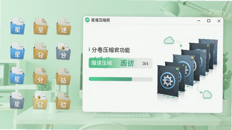 星速压缩批量处理与分卷压缩功能示意图,画面左侧为多个文件图标排列,右侧为分卷压缩包依次排列,软件界面显示批量操作进度条,背景为浅绿色办公风格,突出星速压缩的高效批量处理能力