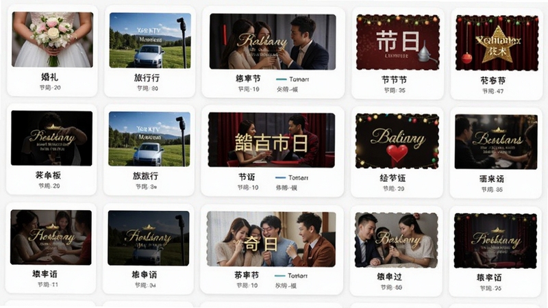 艾奇KTV电子相册制作软件模板选择界面截图,画面中排列着多张不同主题的相册模板缩略图,包括婚礼、旅行、节日等分类,背景为白色卡片式布局,整体干净整洁