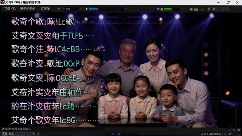 艾奇KTV电子相册制作软件中KTV歌词逐字变色效果预览图,画面展示一首中文歌曲的歌词字幕在照片上方同步滚动,照片为家庭聚会场景,背景为深色舞台风格,突出字幕高亮效果