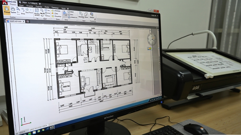 浩辰CAD2019界面中打开复杂DWG建筑图纸的场景,画面主体为屏幕上的楼层平面图与尺寸标注,背景为办公桌面与绘图仪设备,风格写实细腻,突出软件对DWG格式的兼容能力