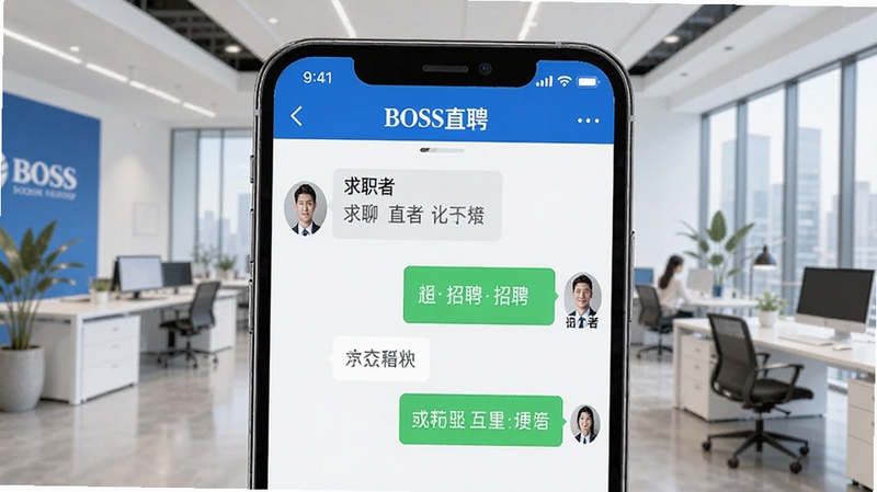 画面主体为一部智能手机屏幕显示BOSS直聘APP聊天界面,左侧求职者头像与右侧招聘者头像正在对话,背景是明亮现代的办公室环境,整体色调以品牌蓝白为主,突出直聊功能与高效求职氛围