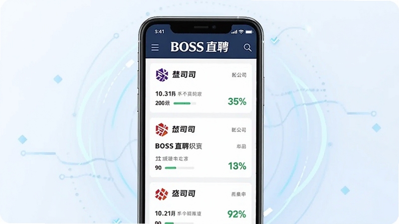 BOSS直聘智能推荐功能展示图,画面中央为手机屏幕呈现瀑布流职位卡片,每张卡片带有公司Logo与匹配度百分比,背景为淡蓝色科技感光晕,软件名称BOSS直聘在屏幕顶部醒目显示