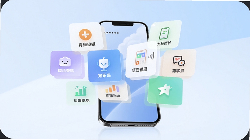 知乐岛一站式综合服务功能示意,画面主体为多个功能卡片从手机屏幕中悬浮展开,卡片上带有简洁图标,背景为浅蓝色渐变,光线柔和,体现整合与便捷感,适配Boogu模型生成。