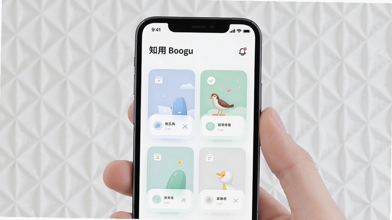 知乐岛简洁界面设计展示,画面为手机屏幕正面视图,屏幕内呈现清爽的卡片式布局与柔和配色,背景为纯白色带淡灰色几何纹理,突出易用与舒适感,适配Boogu模型生成。
