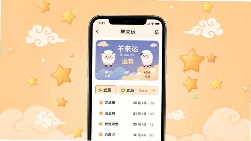 羊来运软件主界面全貌展示,画面中央放置一部智能手机,屏幕内清晰呈现羊来运的运势卡片和宜忌列表,背景为温暖柔和的浅橙色渐变,周围散落着简约的祥云和幸运星装饰元素,整体风格扁平化且富有亲和力,适配Boogu模型生成