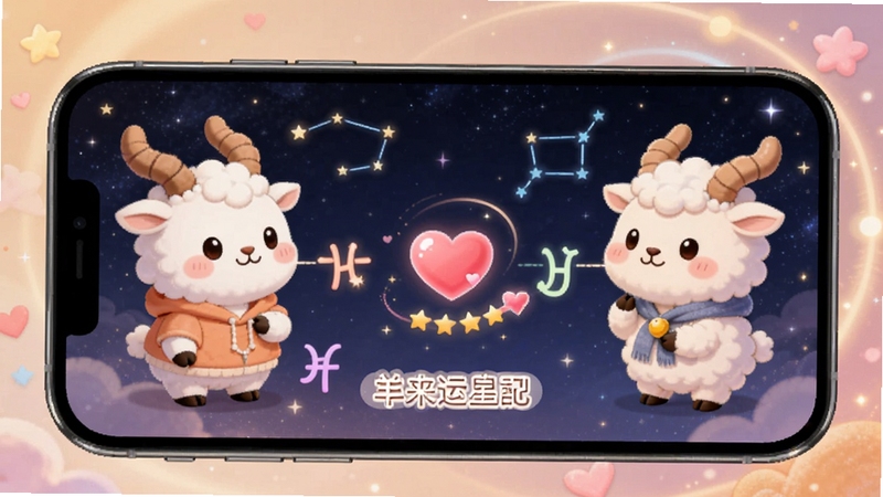 羊来运生肖星座速配结果页面,手机屏幕显示两个卡通生肖形象和星座符号相连,中间有爱心评分动画,背景为星空与柔和光晕交织,整体氛围浪漫温馨,突出羊来运的配对查询功能