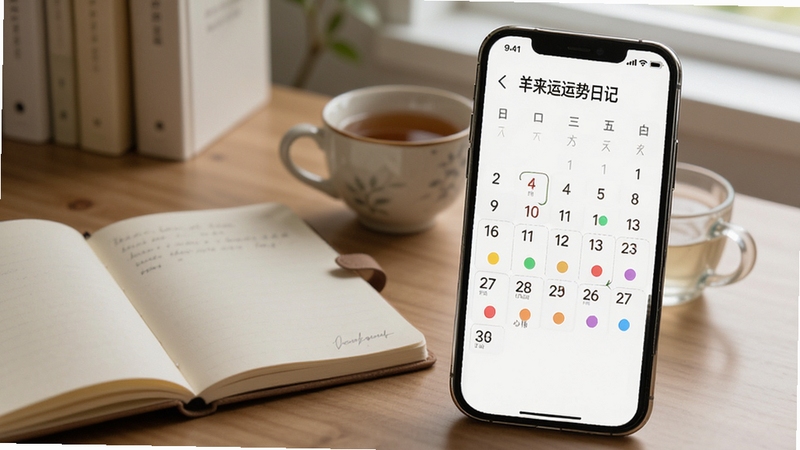 羊来运运势日记日历视图,手机屏幕显示月历界面,部分日期下方有彩色心情圆点标记,背景为安静的书桌一角,有笔记本和茶杯点缀,画面宁静舒适,体现羊来运的心情记录功能