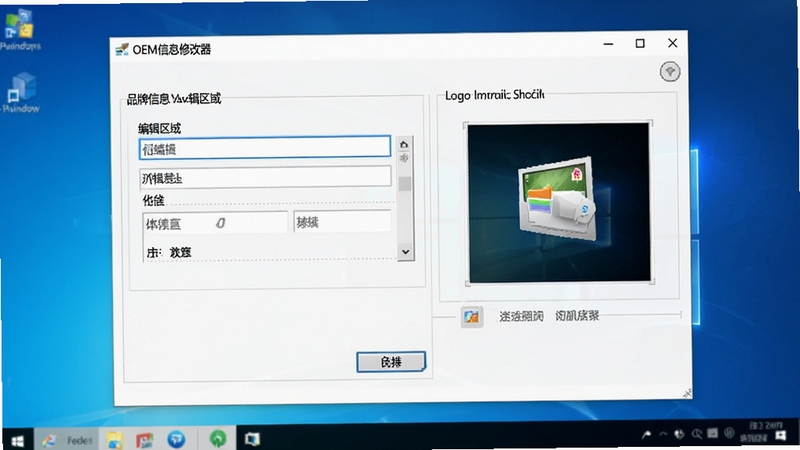 OEM信息修改器软件界面展示品牌信息编辑区域与Logo导入功能,画面主体位于屏幕中央,背景为简洁的Windows系统属性窗口,整体风格清晰商务,细节包含输入框与图片预览区域