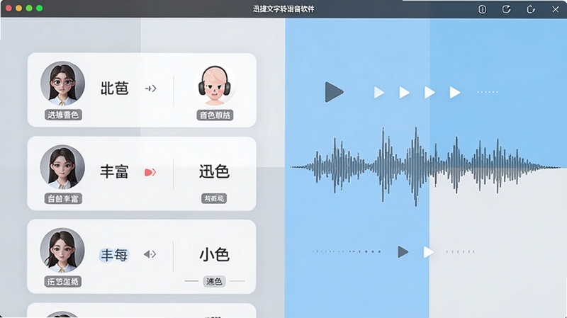 迅捷文字转语音软件中展示多种主播音色选择界面的场景图,画面左侧排列着带有头像与音色标签的卡片列表,右侧是正在播放的音频波形可视化效果,背景采用淡雅的浅灰与天蓝色块拼接,突出音色丰富性与操作便捷性