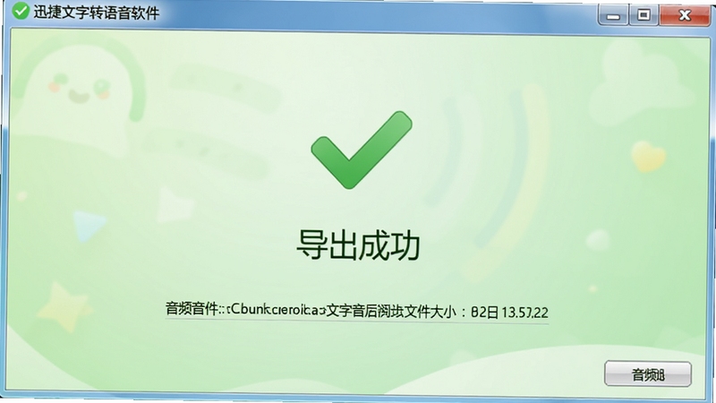 迅捷文字转语音软件完成音频导出后的成功提示界面,画面中央显示绿色的对勾图标与“导出成功”字样,下方展示音频文件路径与文件大小信息,背景为柔和的浅绿色渐变,传递出任务完成的轻松感