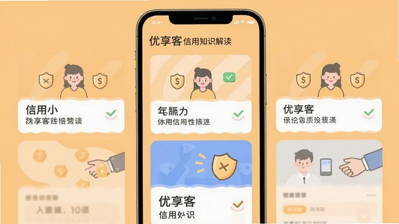优享客信用知识解读页面,手机界面展示图文并茂的信用小知识卡片,背景为温暖浅橙色,扁平化设计风格,画面简洁明快