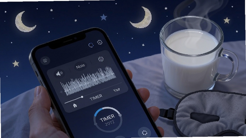 表面冥想睡眠模式界面特写,深蓝色夜空背景中漂浮着月亮与星星,手机屏幕显示白噪音混音面板与定时器,旁边放着一杯温牛奶和眼罩,整体色调暗沉助眠,细节丰富,适配Boogu模型生成