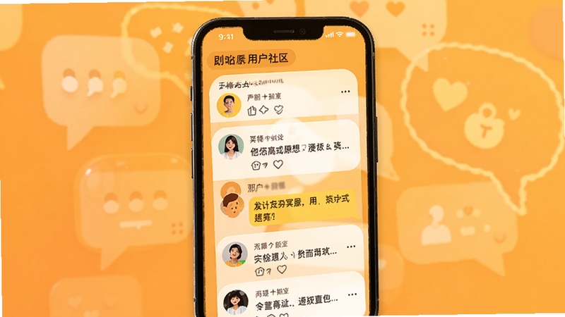 表面冥想用户社区讨论界面,手机屏幕展示着问答帖子与用户头像,背景是温暖的橘黄色调与抽象的对话气泡,传递出交流与支持的氛围,适配Boogu模型生成