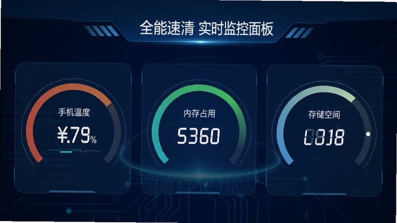 ȫ������ʵʱ�����壬չʾ�ֻ��¶ȡ��ڴ�ռ�úʹ洢�ռ�����ָ�꣬�������Ǳ�����ʽ���֣�����Ϊ����ɫ�Ƽ��������������Ŀ