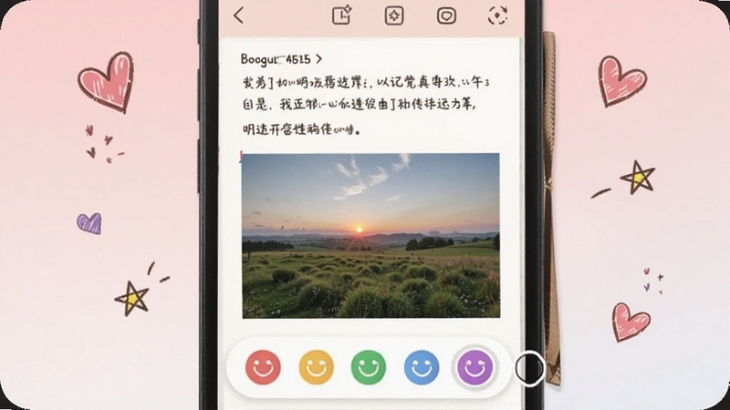 �ҵ��ռǱ�ͼ�ı༭���棬����չʾ�ֻ���Ļ���ռ��������������һ�ŷ羰��Ƭ���·��в�ɫ����ͼ��ѡ��������������ͷ�ɫ���䣬��Χɢ���ֻ氮��������װ�Σ���ܰ�����������Booguģ������