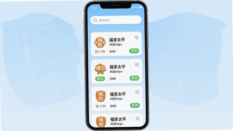 福享太平保单管理界面截图风格,手机屏幕竖版展示,画面中保单列表以卡片形式排列,每张卡片带有险种图标和状态标签,背景为浅蓝渐变,顶部有搜索栏,整体UI清爽整洁,适合作为功能预览图